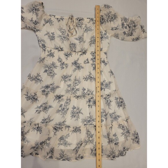 Cottagecore Floral Chiffon Dress Womens Large Off Shoulder Puff Sleeve Ruffles - Picture 9 of 11